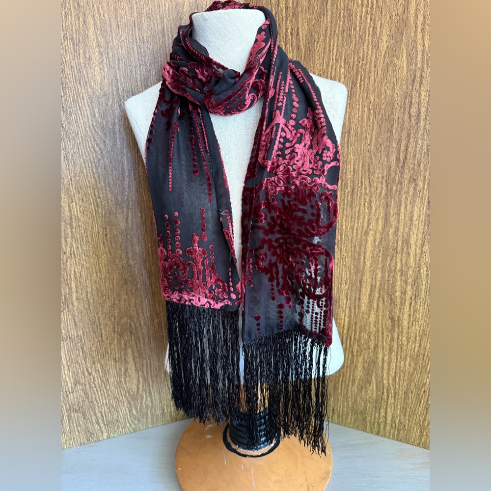 Vintage Burgundy Burnout Velvet Fringe Boho Scarf Art‎ Deco Revival Whimsigoth